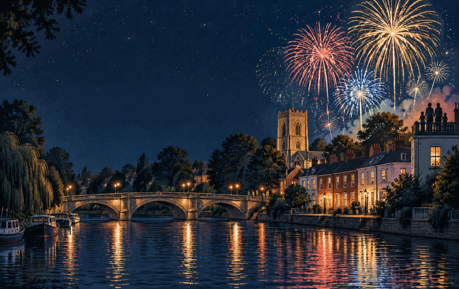 Illustrated view of Ware by the river beneath a colourful fireworks display
